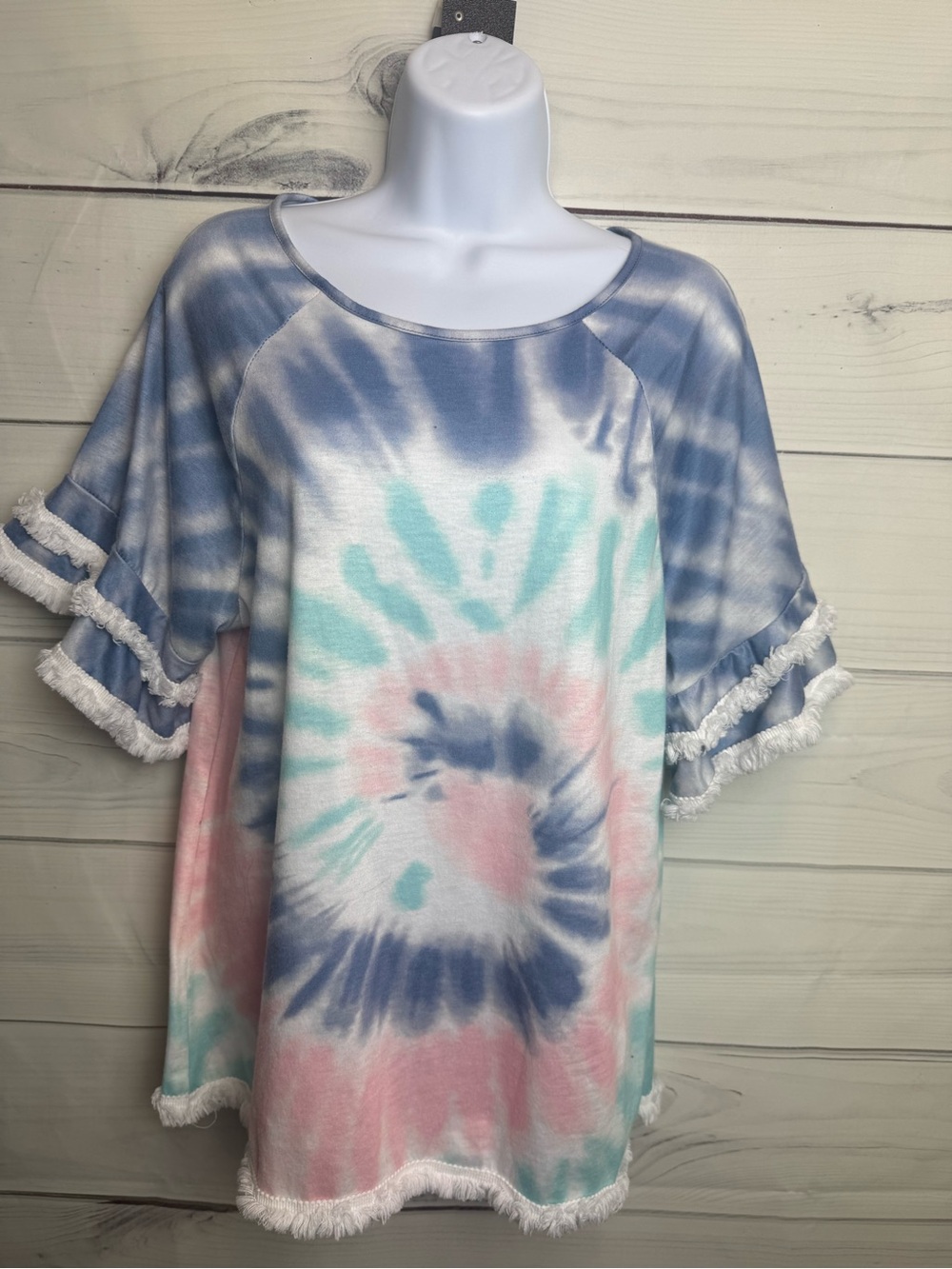 Soft Tie-Dye Short Sleeve Fringe Top - Pastel Blue, Pink & Mint - Picture 7 of 9